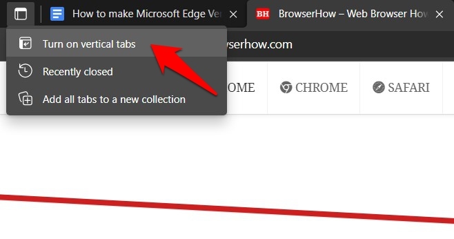 Turn on Vertical Tabs in Microsoft Edge from Tab action menu