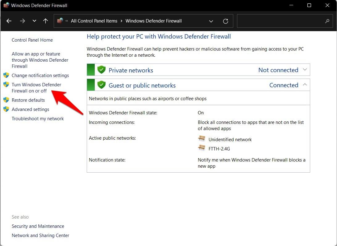 Turn Windows Defender Firewall on or off