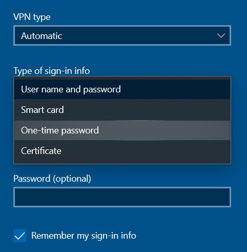 Type of Sign-in Info for VPN setup in Windows