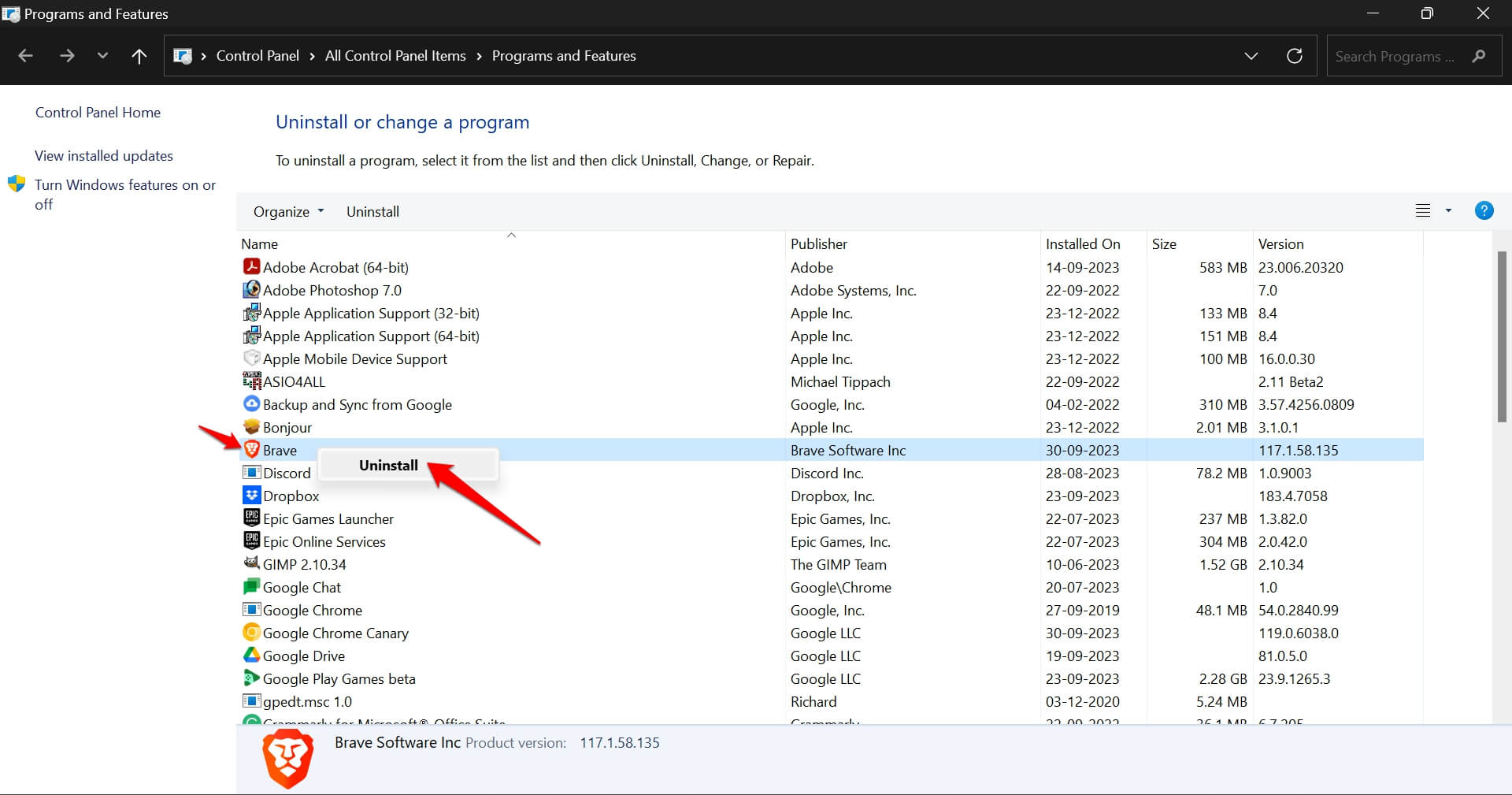 Uninstall Brave browser from Windows PC using Control Panel