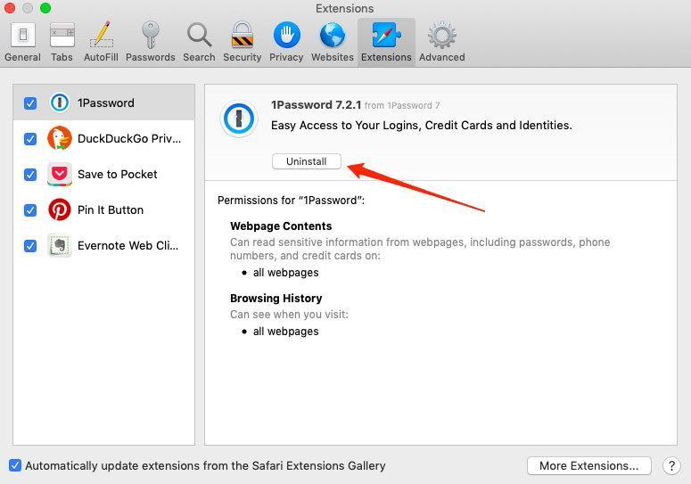 Uninstall the Safari Browser Extensions