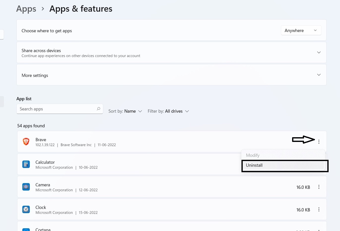 Uninstall command for Brave browser on Windows PC
