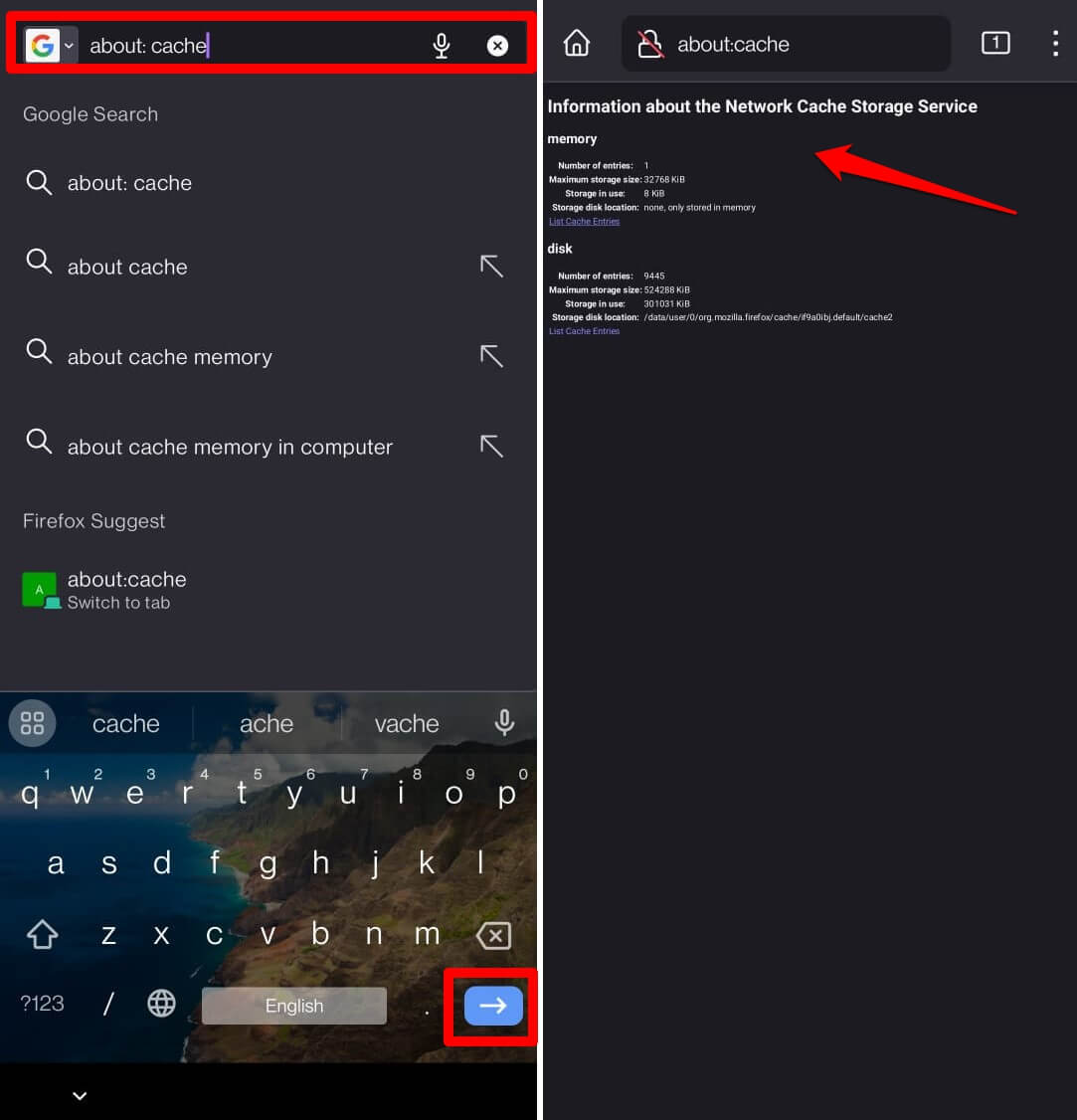 View Cache and Storage Space in Firefox on Android