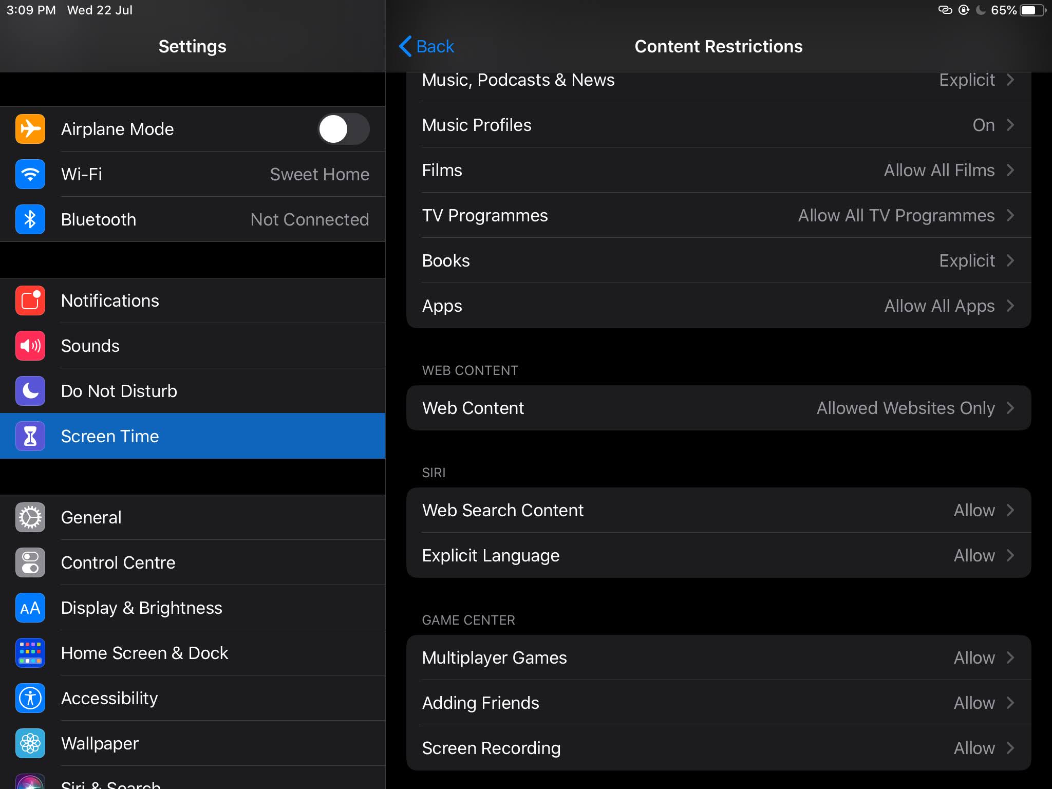 Web Content under Content Restrictions settings