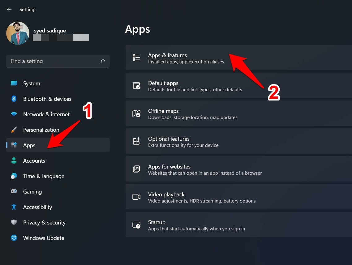 Windows Apps and Features tab