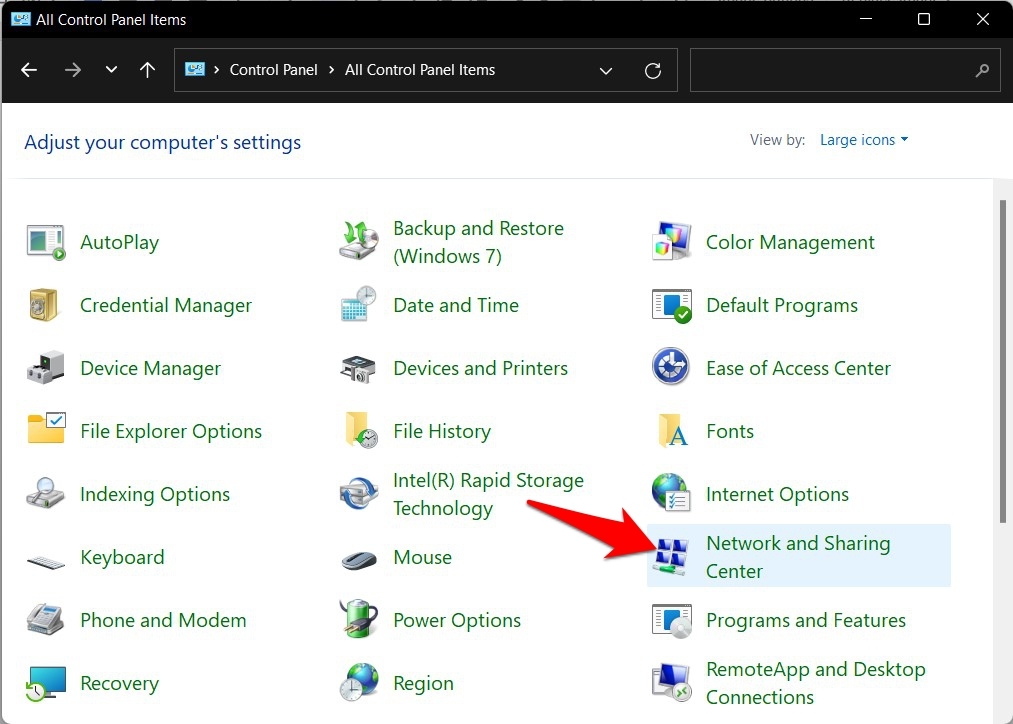 Windows Control Panel with Network and Sharing Center