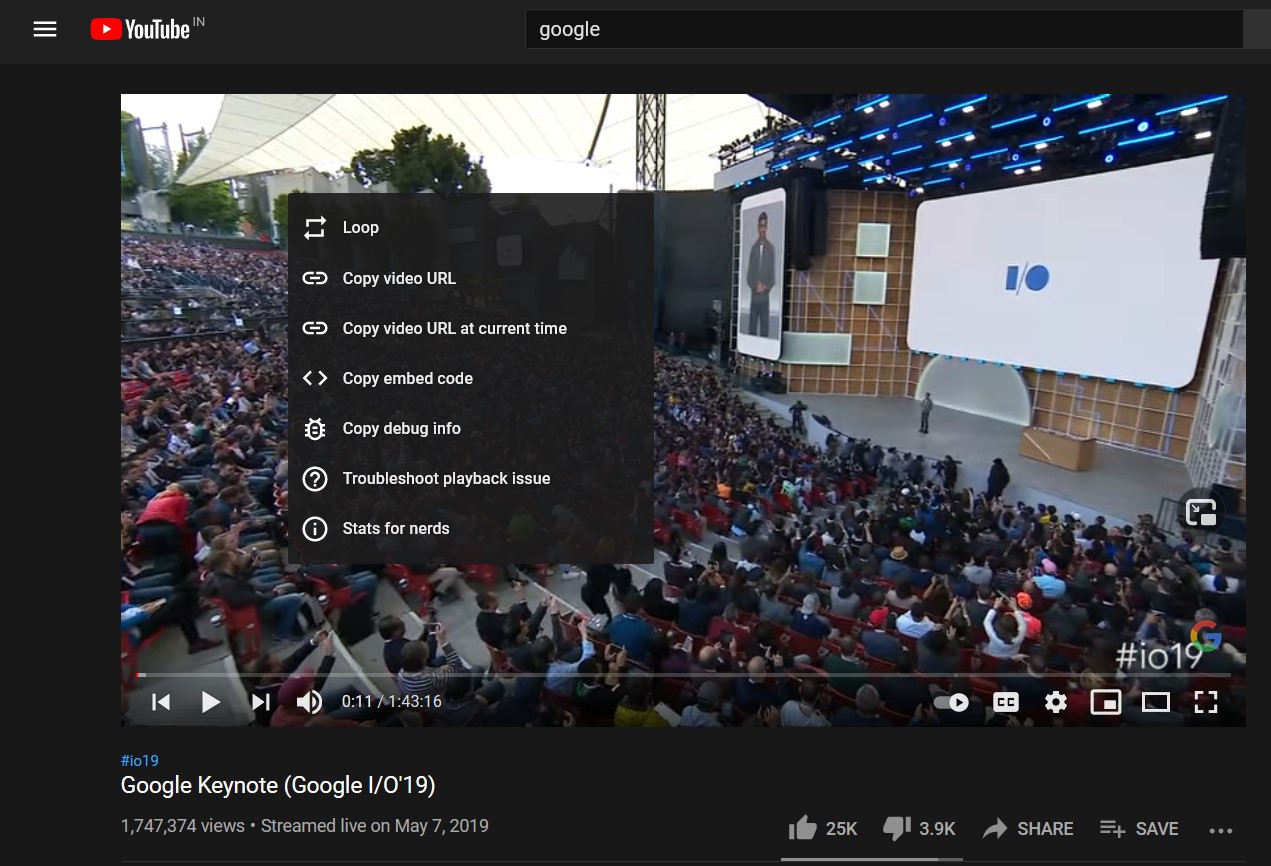 YouTube Video Default Context Menu