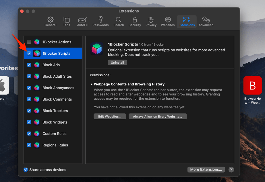 1Blocker Extension on Safari browser in macOS