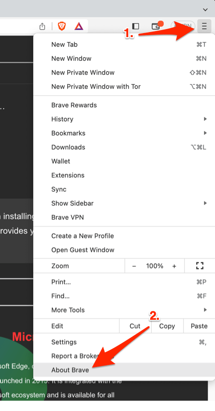 About Brave menu under Brave browser on your computer