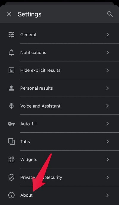 About page tab in Chrome for iOS