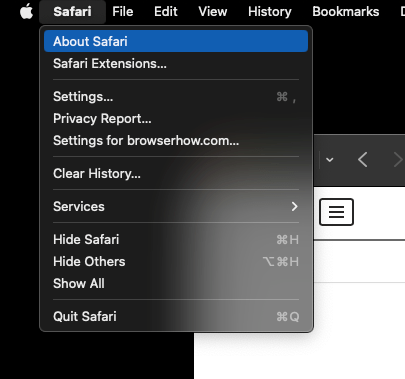 About Safari under Safari menu on macOS