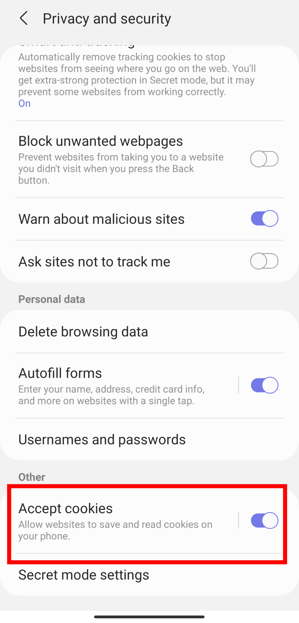 Accept cookies settings option in Samsung Internet