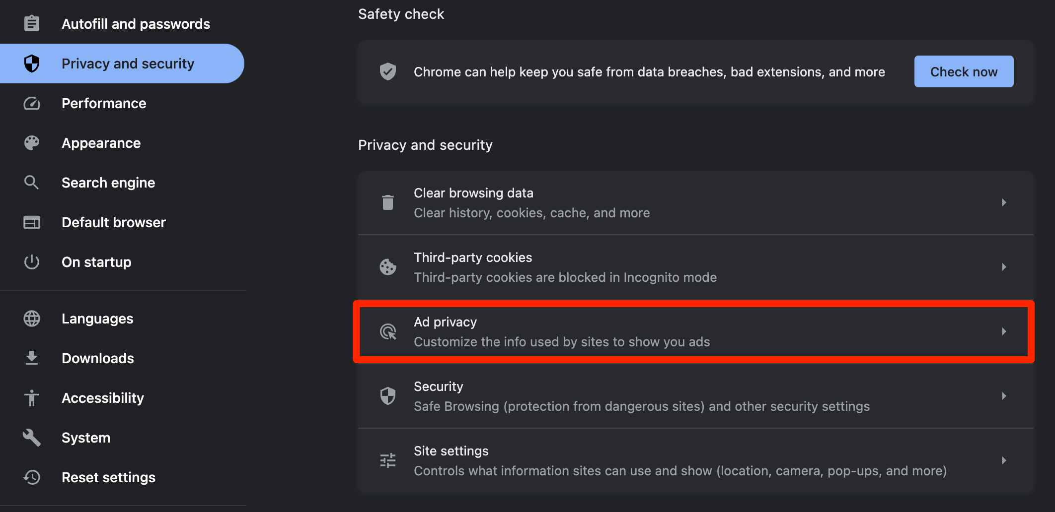 Ad Privacy option under Privacy and Security tab in Google Chrome