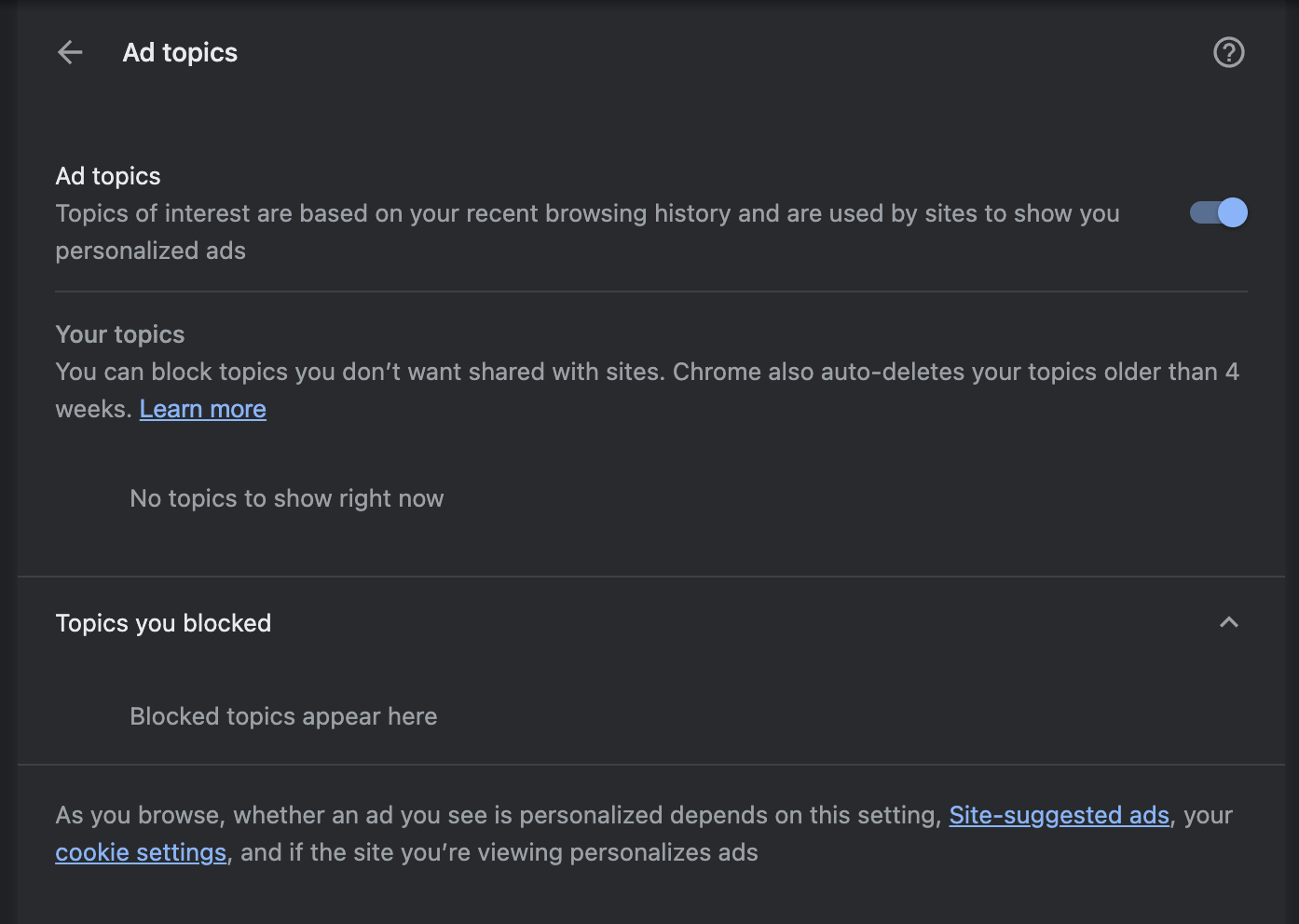 Ad topics Interest settings page in Chrome on Computer