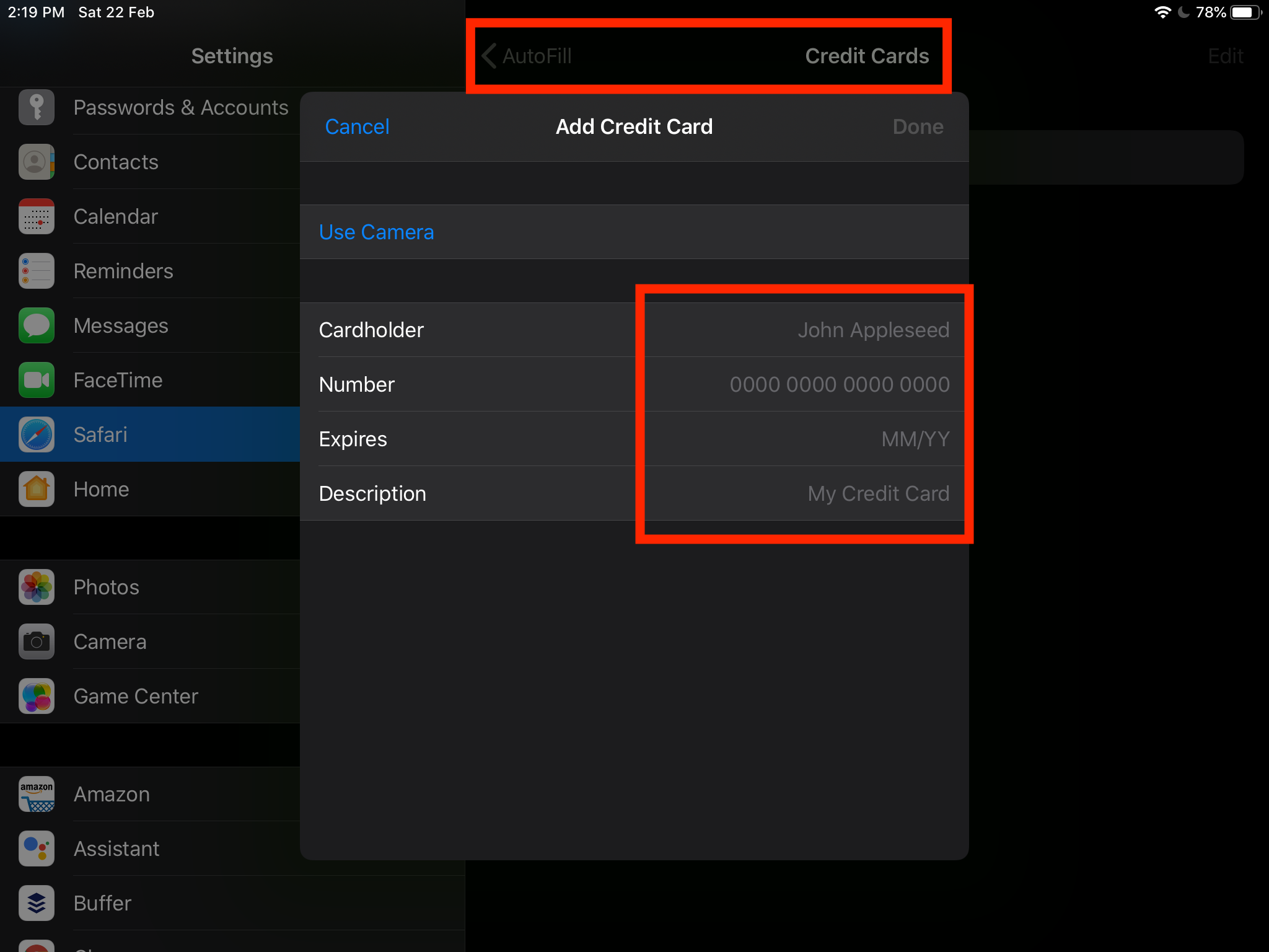 Add Credit Card Details in Safari Settings