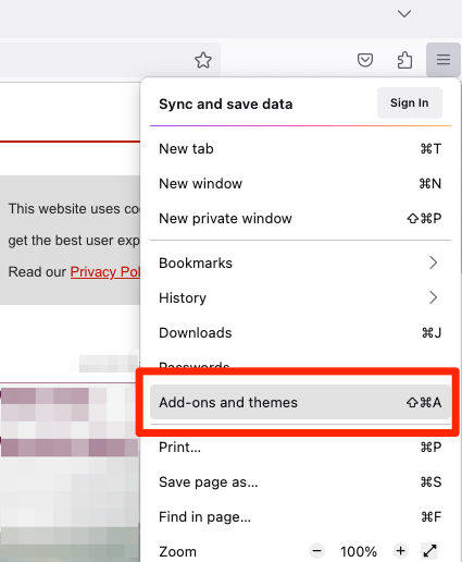 Add-ons and theme menu in Firefox computer browser
