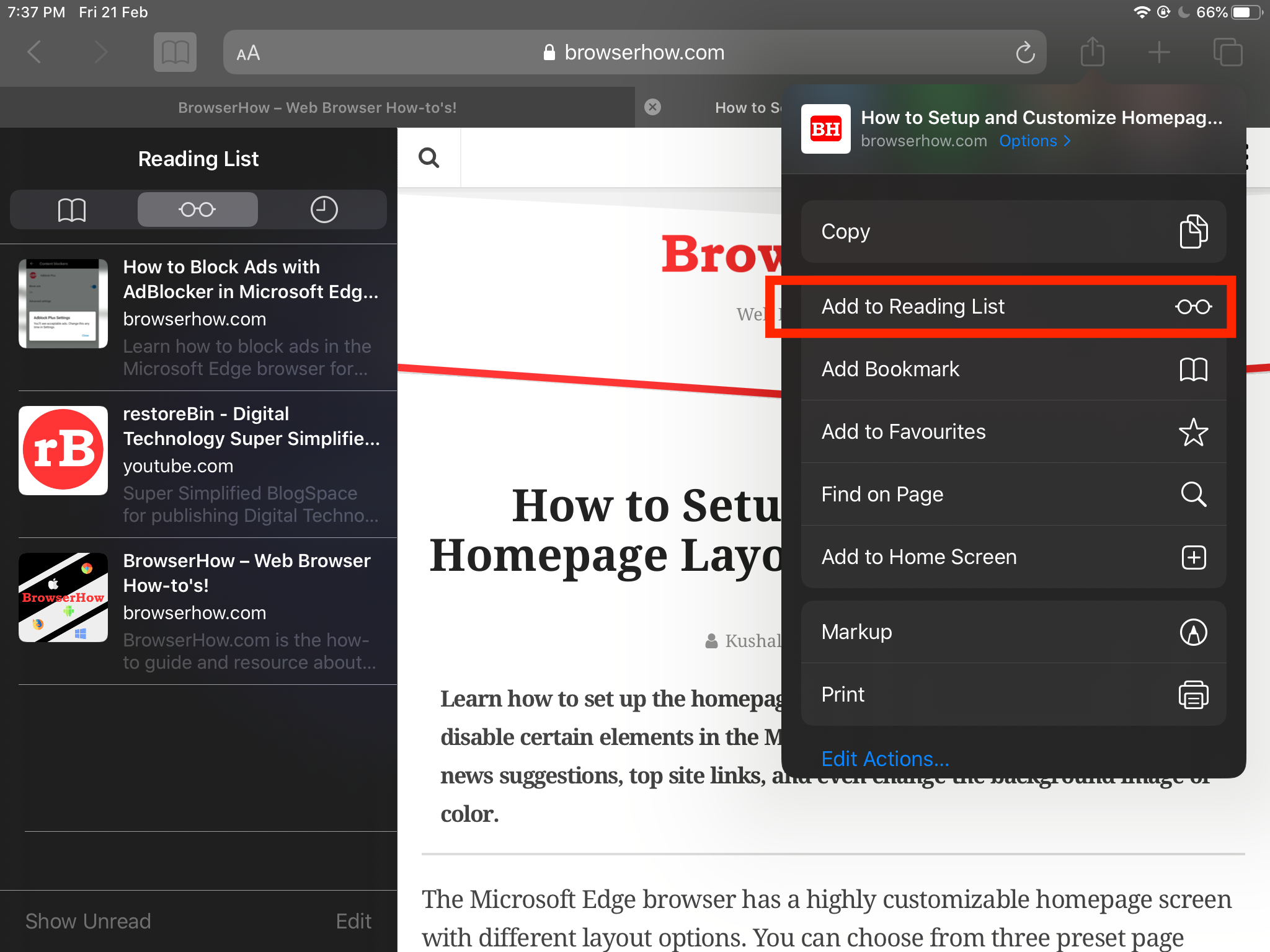 Add to Reading list for Offline access in Safari on iOS