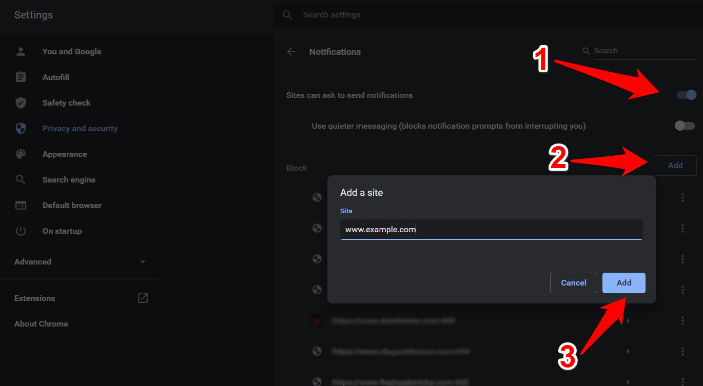 Add URL to Block Site Notifications