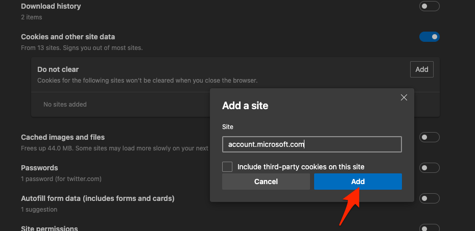 Add a site do not clear on edge browser
