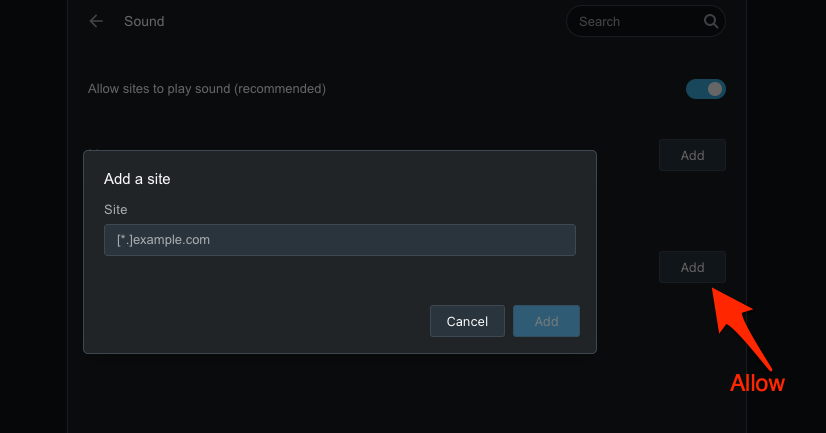 Add a site to allow the sound permissions on Opera browser