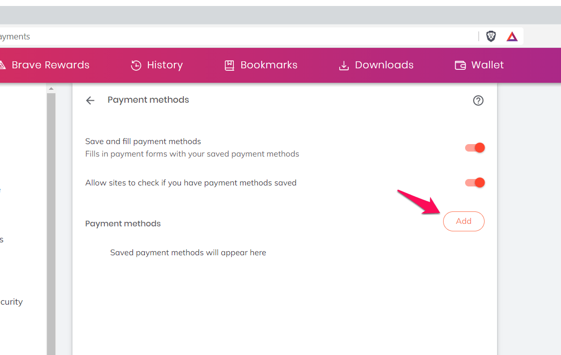 Add button for Payment Card in Brave Browser
