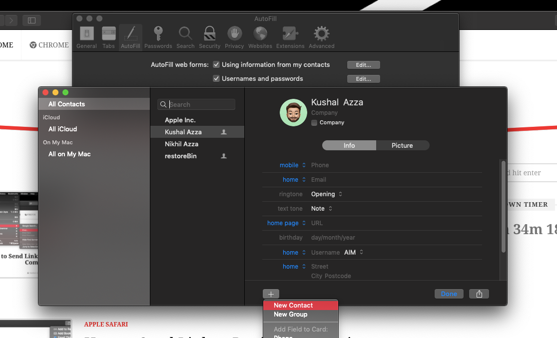 Add Contact and Address for Autofill in Safari MacOS computer