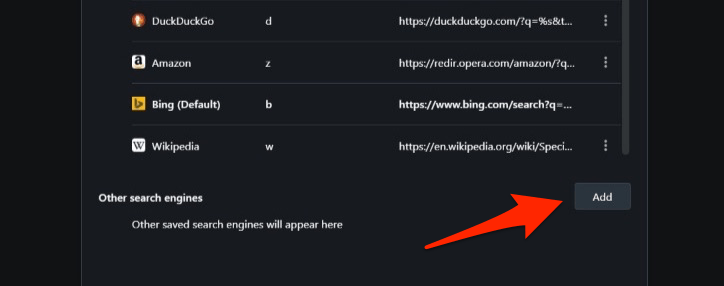Add Custom Search Engine in Opera Computer