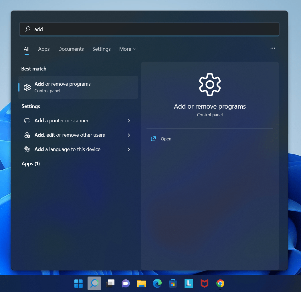 Add or remove app Control Panel in Windows PC