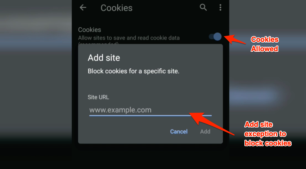 Add site exception to block cookies on chrome android