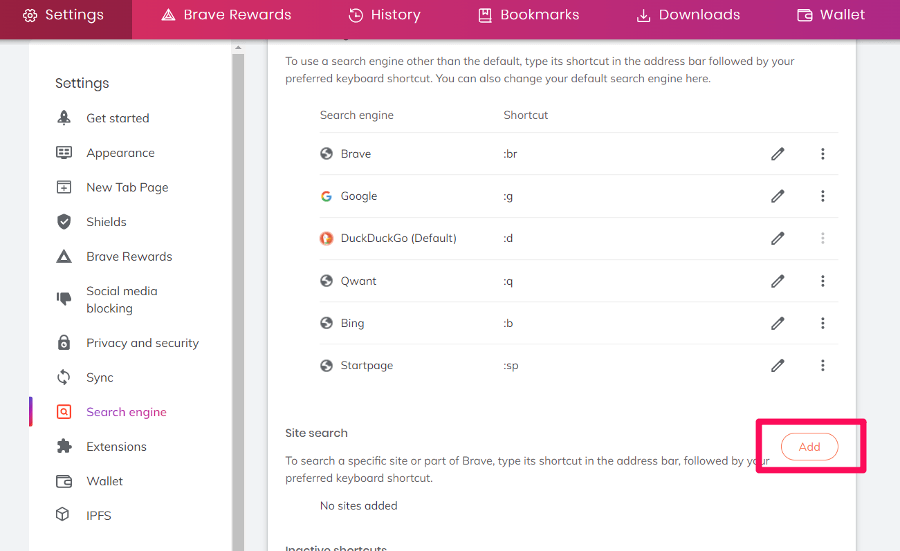 Add site search for custom search engine on Brave browser