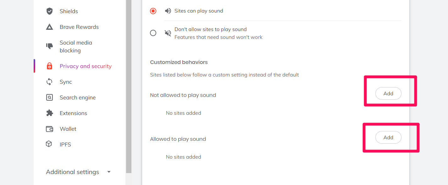 Add Site URL on Sound settings on Brave browser