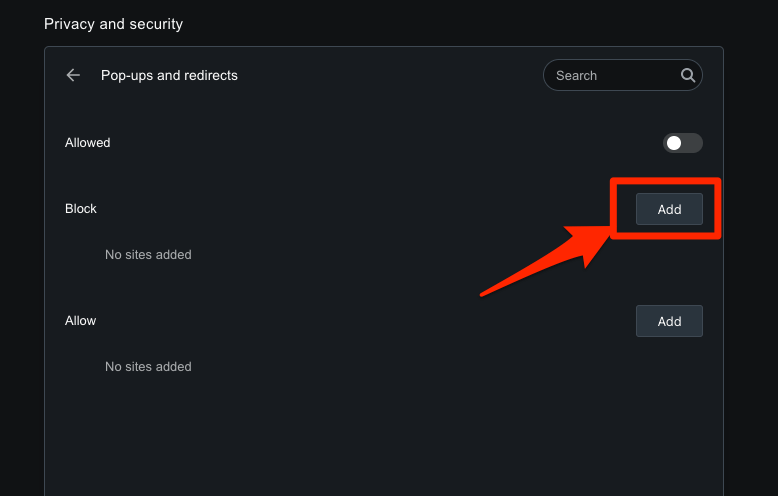 Add site URL to block the pop-ups and redirect in Opera