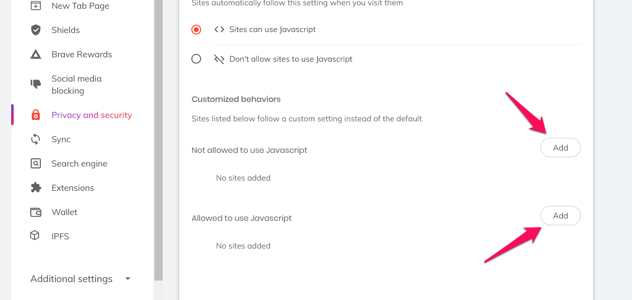Add Site URL to JavaScript Customize Behavior in Brave Browser