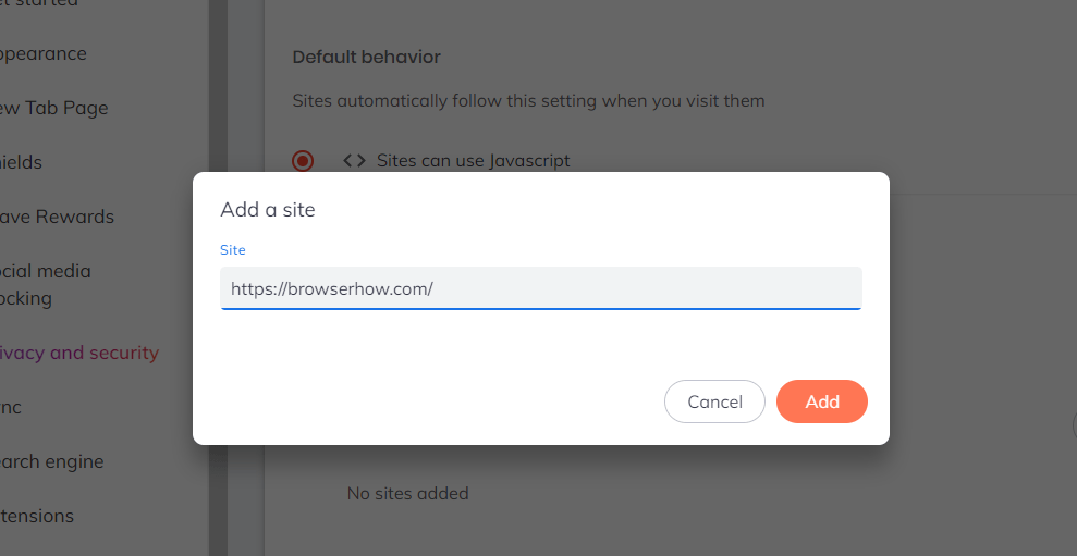 Add Site URL to JavaScript Customize Behavior in Brave Computer