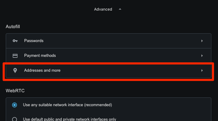 Addresses and more Settings tab in Opera computer