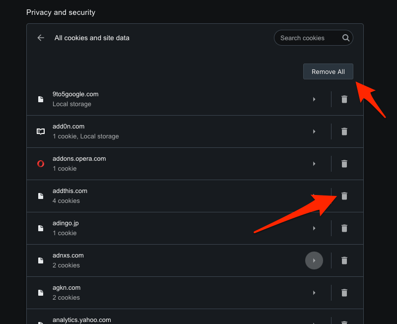 All cookies and site data option in Opera browser