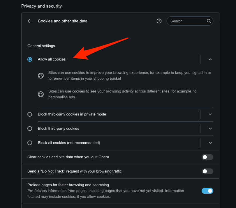 Allow all cookies on the Opera browser