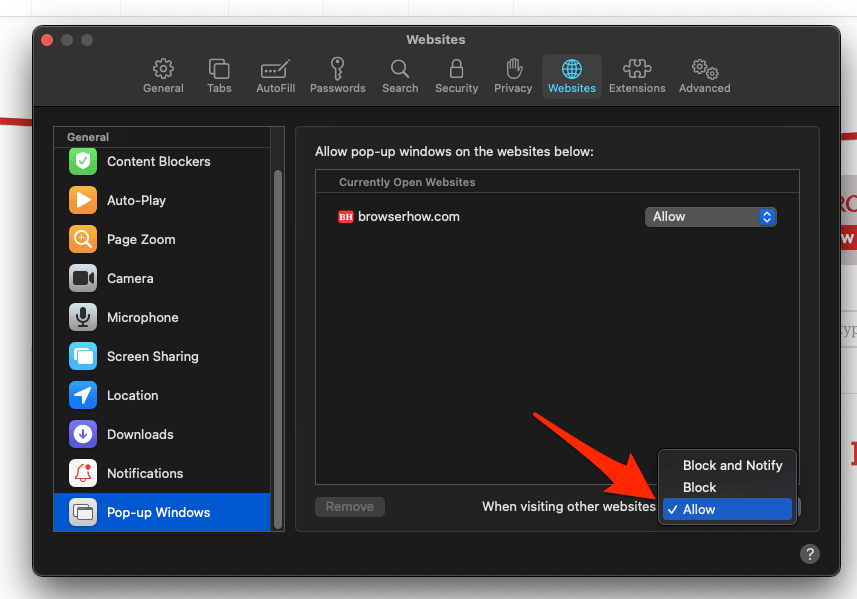 Allow all website when visiting to show pop-up windows on Safari