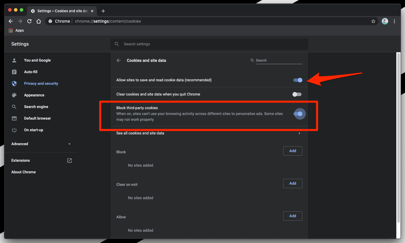 Allow cookies and block third-part cookies in chrome computer