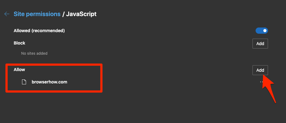 Allow JavaScript for a Websites in Edge Computer