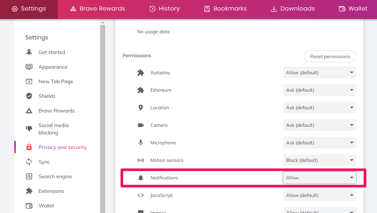 Allow or Block notifications from the Site Settings for a website on Brave