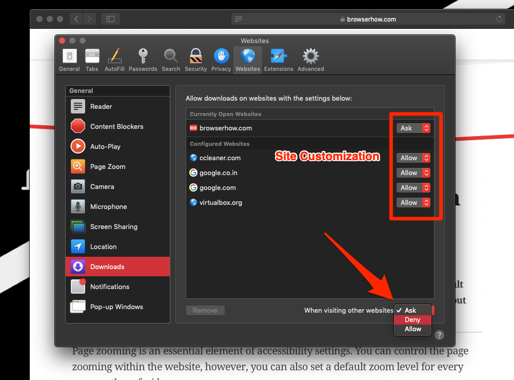 Allow or Deny Downloads on Safari for Mac from the websites
