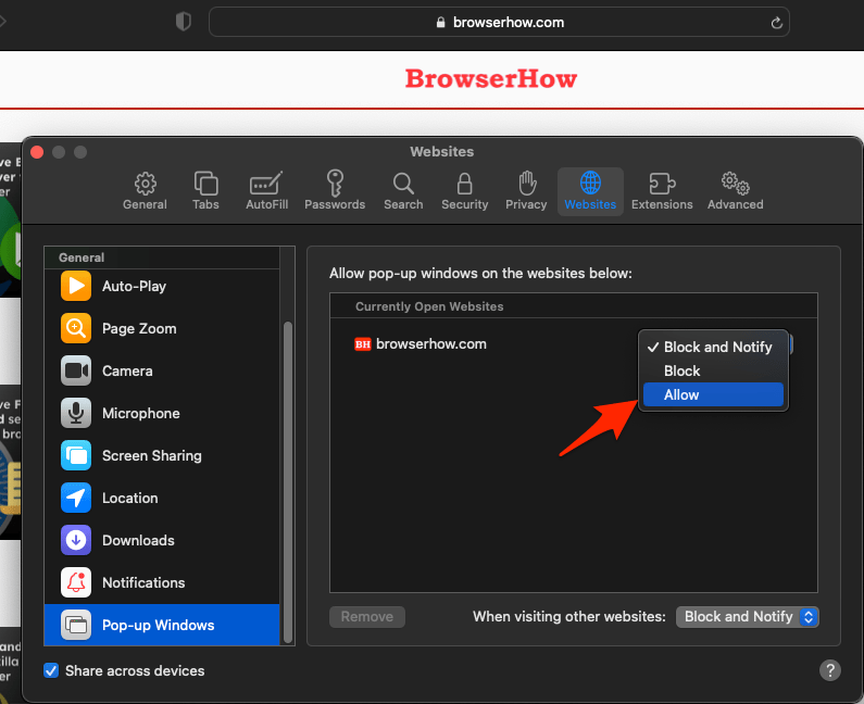 Allow pop-up windows on the websites in Safari Mac