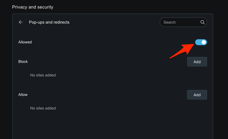 Allow Pop-ups and redirects on Opera computer browser