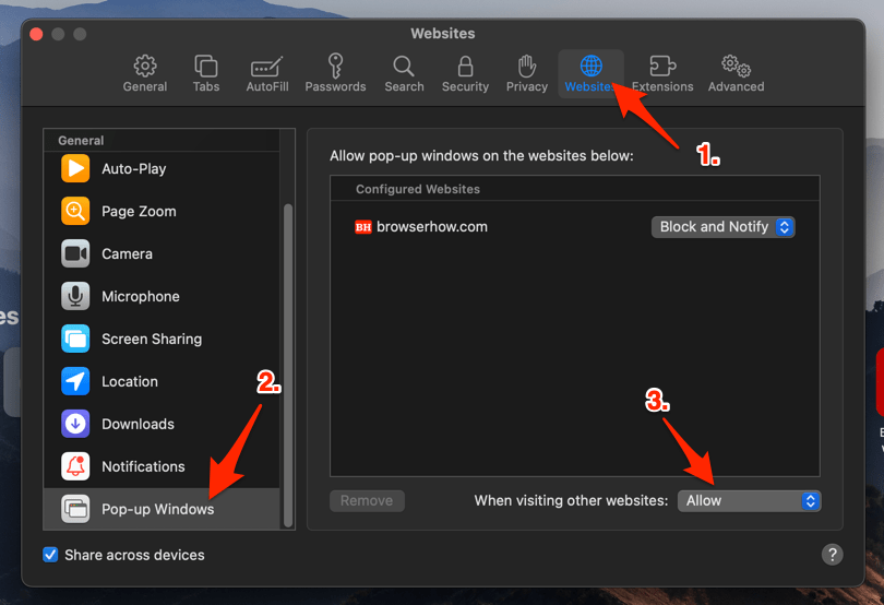 Allow Pop-ups Windows on Safari browser