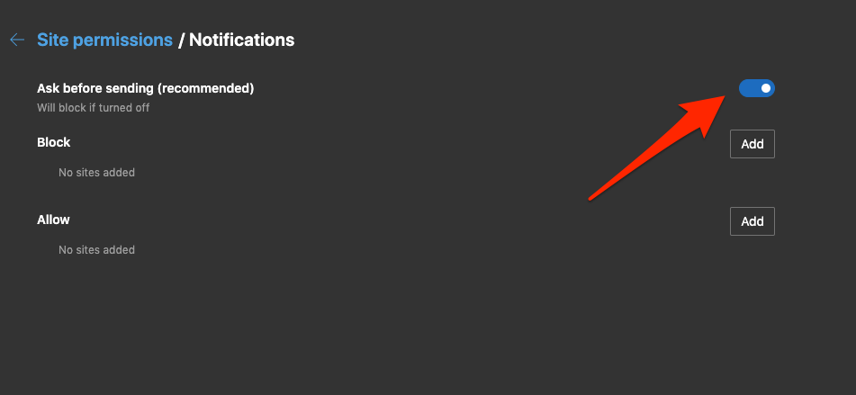 Allow Push Notification in Edge computer browser