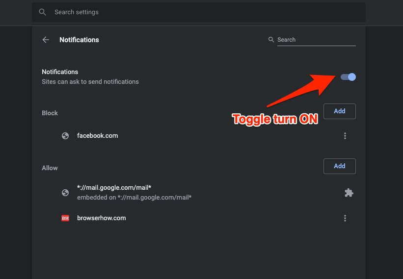 Allow sites can ask to send notifications in Chrome computer