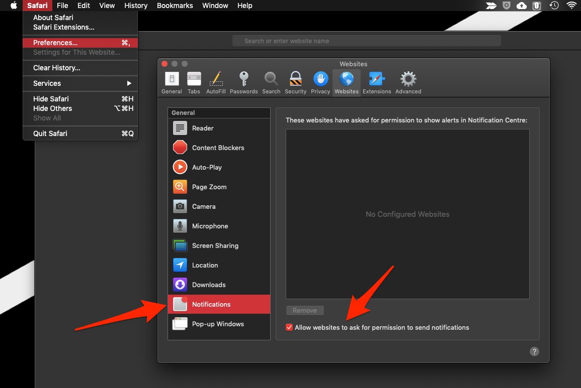 Allow websites to send notification on safari mac