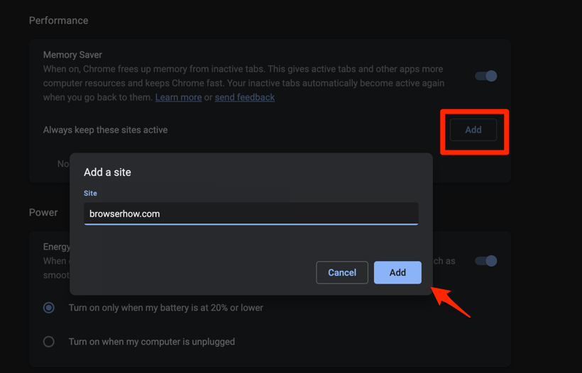 Always keep these sites active under Memory Saver Chrome browser