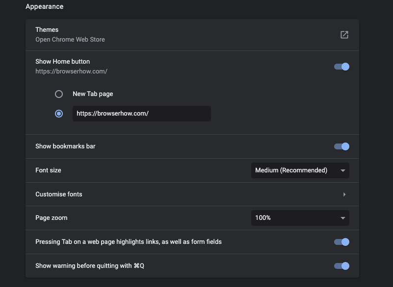 Appearance Settings in Chrome Computer
